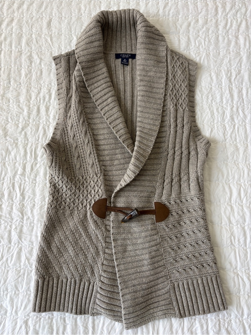 Chaps Taupe Shawl-Collar Knit Vest with Toggle